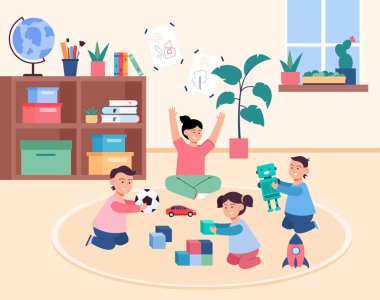 Anaokulunda yerde oynayan sevimli çizgi film çocukları. Oyuncak araba, robot, roket, küp düz vektör illüstrasyonuyla oynayan çocuk. Çocukluk, sancak, web sitesi tasarımı veya iniş sayfası için eğitim kavramı