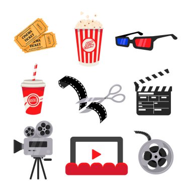 Farklı sinema unsurları düz vektör çizimleri ayarlandı. Sinema unsurları, patlamış mısır, 3D gözlükler, klaket tahtası, kamera, beyaz arka plan biletleri. Film ya da film endüstrisi, sinematografi konsepti