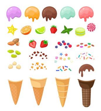 Kendi dondurmanı yapmak için elementler. Çikolata, çilek, vanilya, nane şekerli dondurma, içinde meyve ve böğürtlen, kurabiye kırıntıları, çizgi film çizimleri. Yaz, dondurma konsepti