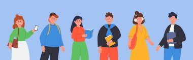 Bir grup mutlu öğrenci düz vektör çizimi. Gençler müzik dinliyor, kitap okuyor, cep telefonu kullanıyor. Kızlar ve oğlanlar okul ya da üniversite için hazırlanıyor. Gençlik, öğrenim kavramı