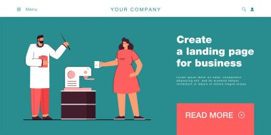 Erkek doktor ve kadın hemşire kahve makinesinin yanında duruyor. Üniformalı kadın ve erkek düz vektör çizimine ara veriyorlar. Pankart ya da iniş web sayfası için ilaç ve kahve molası kavramı