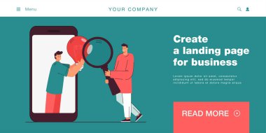 Çözüm arayan küçük insanlar büyüteç ve ampul kullanıyorlar. Akıllı telefonlu adamlar iş fikirleri geliştiriyor. Yenilik ve teknoloji kavramı. Düz çizgi film vektör çizimi. 