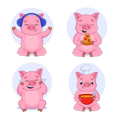 Çizgi film domuz koleksiyonu pizza yiyor, çorba pişiriyor, gülüyor ve kulaklıkla müzik dinliyor.