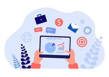 İş planı ya da istatistik içeren tableti ekranda tutan eller. Zaman ya da para yönetimi, bütçe planlama düz vektör çizimi. Pankart için strateji, başarı konsepti veya iniş web sayfası