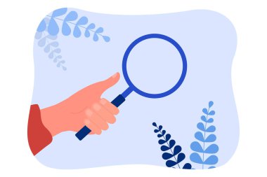 İnsan eli, arama yapmak ve veri bulmak için büyüteç tutuyor. Loupe 'a bakan, bilgiyi ve fikirleri inceleyen, düz vektör illüstrasyonunu yapan kişinin işi. Bilimsel araştırma, keşif konsepti
