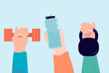 İnsanlar ellerinde halterler, dambıllar ve yeniden kullanılabilir su şişesi tutuyorlar. Sporcular, erkekler ve kadınlar egzersiz ve fiziksel aktivite için düz vektör illüstrasyonu için eğitim ekipmanları tutuyorlar. Spor konsepti