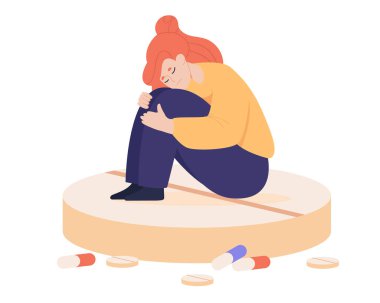 Büyük bir hap yassı vektör illüstrasyonunda oturan üzgün kadın. Depresyondaki kız hormonal ilaçlar, ilaçlar ya da antidepresanlar alıyor, ruhsal sorunları var, psikolojik sorunları var. Endişe, depresyon konsepti
