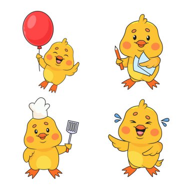 Elinde balon, kalem, kağıt, spatula ve kahkaha tutan bir sürü güzel el çizimi piliç.