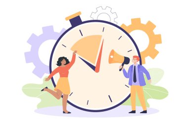 Dev zamanlayıcının arka planındaki küçük adam ve kadın. Hoparlörlü bir adam, kronometre düz vektör çizimi yapıyor. Son teslim tarihi, zaman yönetimi, hız kavramı