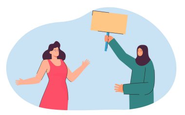 Muslim woman showing blank placard to indifferent girl. Islamic person holding up sign in protest flat vector illustration. Politics, religion, conflict concept for banner or landing web page