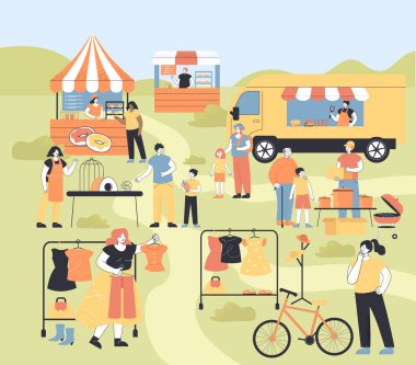 Park landscape with people selling food and clothes at fair. Flyer with garage sale scene, crowd at event flat vector illustration. Community, shopping, festival concept for banner or landing web page
