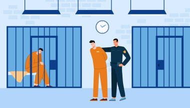 Policeman leading criminal to prison room. Jail in police department, worker in uniform flat vector illustration. Justice, crime, investigation concept for banner, website design or landing web page