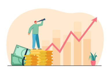Tiny businessman with spyglass standing on stack of coins. Increase of income flat vector illustration. Financial growth, investment, success concept for banner, website design or landing web page
