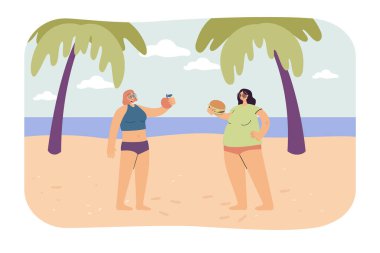 Two women with different diets and figures on beach. Slim girl eating apple, fat female with hamburger flat vector illustration. Comparison, food, lifestyle concept for banner or landing web page