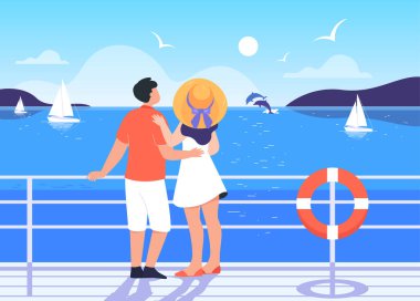 Back view of couple on deck of cruise ship. Man and woman sailing on boat, romantic seascape flat vector illustration. Vacation, romance, leisure concept for banner, website design or landing web page