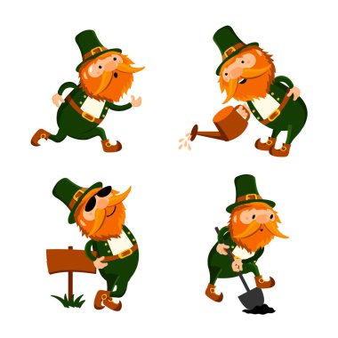 Collection of cute cartoon leprechaun in costume and cylinder hat digging, running, watering plants