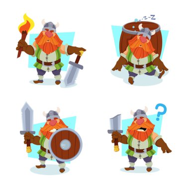 Collection of funny cartoon viking character sleeping, holding shield and sword 