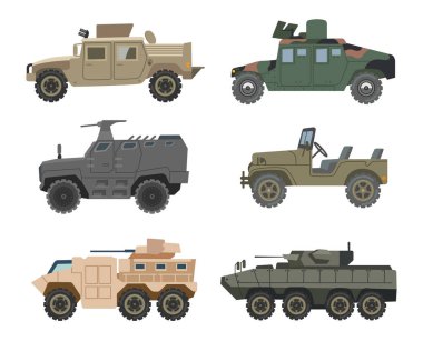 Different military vehicles vector illustrations set. Collection of drawings of armored cars, trucks, tanks, Humvee for armed forces on white background. War, army, transportation, technology concept