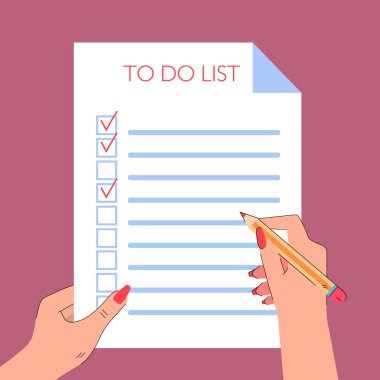 Female hands holding to do list and pencil. Sheet of paper with checkboxes flat vector illustration. Time management, organization concept for banner, website design or landing web page