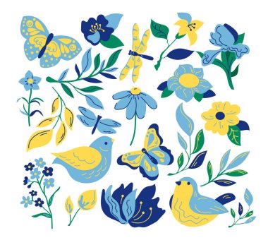 Flowers and birds in blue and yellow colors. Beautiful plants, flying butterflies on white background cartoon illustration set. Nature, animal, greenery, flora, fauna concept