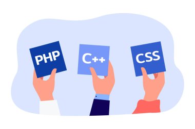Hands holding symbols of different programming languages. Programmers using software for coding flat vector illustration. Programming, engineering, technology concept for banner or landing page