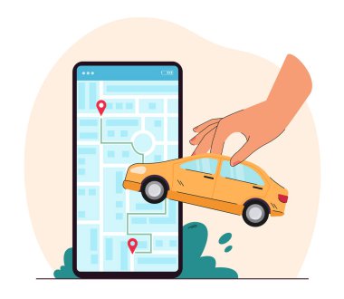 Huge smartphone with city map on screen and big hand holding car. Person using app for making route to destination flat vector illustration. Taxi service, navigation, transportation concept for banner