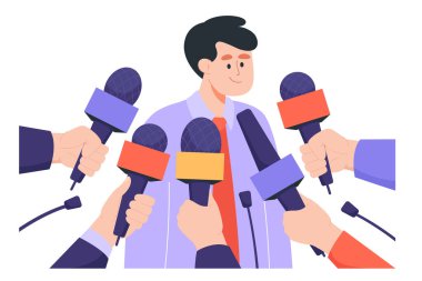 Man giving interview to public press flat vector illustration. Guy giving opinion and comments to mass media. Journalists holding mics or microphones. Television, conference concept