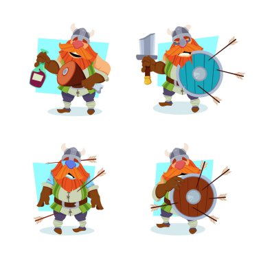 Set of cartoon viking character holding bottle of wine and knuckle, shield with arrows in it