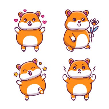 Set of cute hand-drawn hamsters feeling love, happiness, anger, holding flower