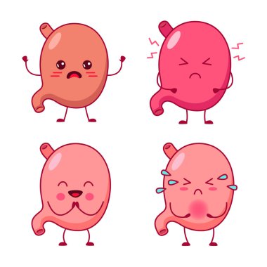 Set of cute hand-drawn human stomachs with confused, angry, happy, sad expressions