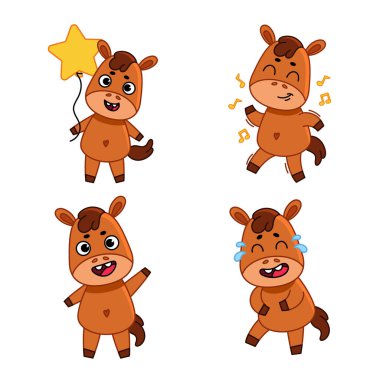 Set of cute hand-drawn little bulls holding star balloon, dancing, waving, laughing tears