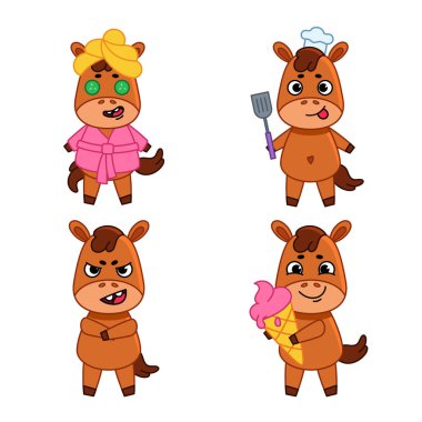 Set of cute hand-drawn little bulls wearing bathrobe and towel, holding spatula, sneering, holding ice cream