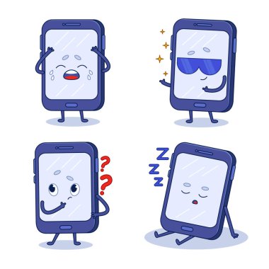 Set of cute hand-drawn mobile phones crying, wearing sunglasses, asking questions, sleeping