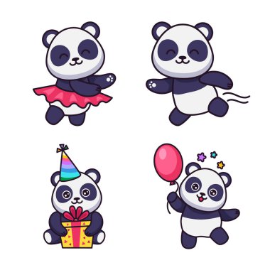 Set of cute hand-drawn pandas dancing, running, holding gift box, standing with balloon