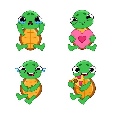 Set of cute hand-drawn turtles crying, holding heart, laughing tears, eating pizza