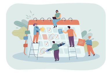 İş adamları büyük takvim kullanarak toplantı programı planlıyorlar. Ofisteki insanlar ya da çalışan öğrenciler, sosyal medya içeriği düz vektör illüstrasyonları yayınlıyorlar. Zaman yönetimi, eğitim, iş kavramı