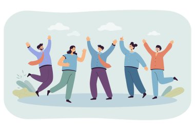 İş ekibi başarılı vektör illüstrasyonunu kutluyor. Mutlu ofis çalışanları zıplıyor, gülüyor. Web sitesi ya da iniş sayfası için zafer, başarılar, takım çalışması konsepti  