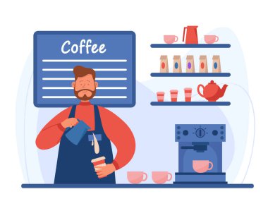 Kahve dükkanında yüksek kaliteli espresso yapan çizgi film barmeni. Küçük işletme düz vektör illüstrasyonlu erkek karakter. Pankart, web sitesi tasarımı veya iniş web sayfası için kafe konsepti