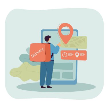 Karikatür kuryesi büyük akıllı telefondan yerini kontrol ediyor. Termal çantalı bir adam düz vektör çizimi yapıyor. Teslimat hizmeti, afiş için teknoloji konsepti veya iniş web sayfası