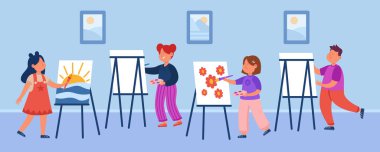 Çizim dersindeki çizgi film çocukları düz vektör çizimi. Sanat dersinde resim sehpasına resim çizen küçük bir çocuk ve kızlar. Resim, çizim, eğitim, sanat, çocukluk, okul pankart tasarımı konsepti