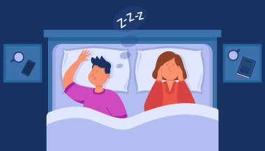 Karikatürist kadın, horlayan koca yüzünden uyuyamıyor. Geceleri yatakta bir çift, gürültülü düz vektör çizimi yüzünden üzgün bir insan. Uyku bozukluğu, pankart için uykusuzluk konsepti, web sitesi tasarımı