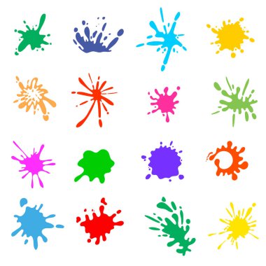 Renkli boya vektör çizim seti. Fırçayla yapılan soyut mürekkep damlaları. Sanat tasarımı ve dekorasyonları için yaratıcı işler, projeler, hobi konsepti