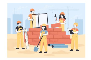 Üniformalı müteahhitler düz vektör çizimi yapıyor. Çocuklar birlikte çalışıyor, tuğla döşüyorlar, kürek ve hummer tutuyorlar. İşçiler, işgal kavramı