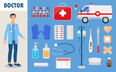 Doktor karakter ve tıbbi nesneler vektör çizimleri ayarlandı. Üniformalı, ambulanslı, ampullü, beyaz arka planda izole edilmiş çocuklar için çalışan sevimli bir çizgi film erkeği. Meslekler, ilaçlar, sağlık konsepti