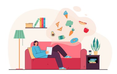 Tabletle kanepede yatan ve internetten sipariş veren bir kız. Düz vektör illüstrasyonunu kullanarak ürün ve malzeme seçen kadın karakter. Yiyecek, dağıtım, modern teknoloji konsepti
