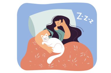 Beyaz kediyle yatakta uyuyan kız. Düz vektör çizimi. Genç bir kadın rahat bir yatakta, yorganın altında uzanıyor, sevgili hayvanına sarılıyor, rüya görüyor. Evcil hayvan, ev, konfor, dinlenme konsepti