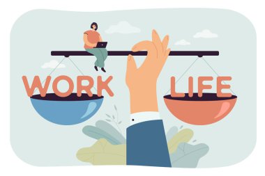 Büyük bir el dengesi ve terazide bir hayat. Çizgi film karakteri kariyer dengesini ve ilişkileri düz vektör illüstrasyonunu kontrol ediyor. Web sitesi tasarımı veya iniş web sayfası için zaman yönetimi kavramı