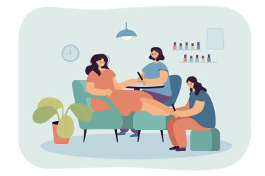 Spa salonundaki kadın müşteriler için manikür ve pedikür. Tırnak teknisyeni, oturma odasının iç tarafındaki düz vektör resimleme masasında oturan bayan için hijyen prosedürleri yapıyor. Güzellik hizmeti konsepti