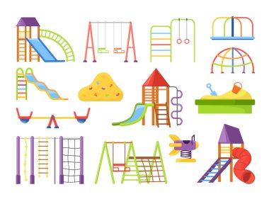 Lunaparktaki çocuklar için oyun parkı ekipmanları. Anaokulu için oyuncakların vektör çizimleri. Çizgi film tahterevalli salıncak merdiveni beyazı izole etti. Çocukluk, eğlence konsepti.