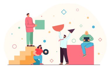 Farklı şekillerde geometrik figürler düzenleyen insanlardan oluşan bir ekip. Üçgen, daire, kare, düz vektör çizimi yapan bir grup kadın ve erkek. Örgüt, takım çalışması konsepti